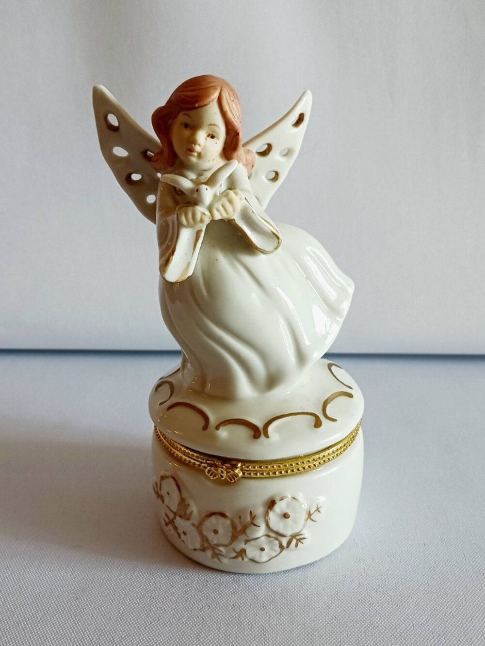 Vintage Porcelain Angel Holding Dove Trinket Box